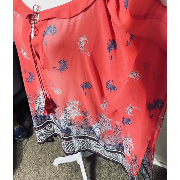 NWT Lane Bryant 18/20 Red Blouse Sheer Kimono Paisley Tie Neck Boho Chiffon Top - Picture 2 of 5